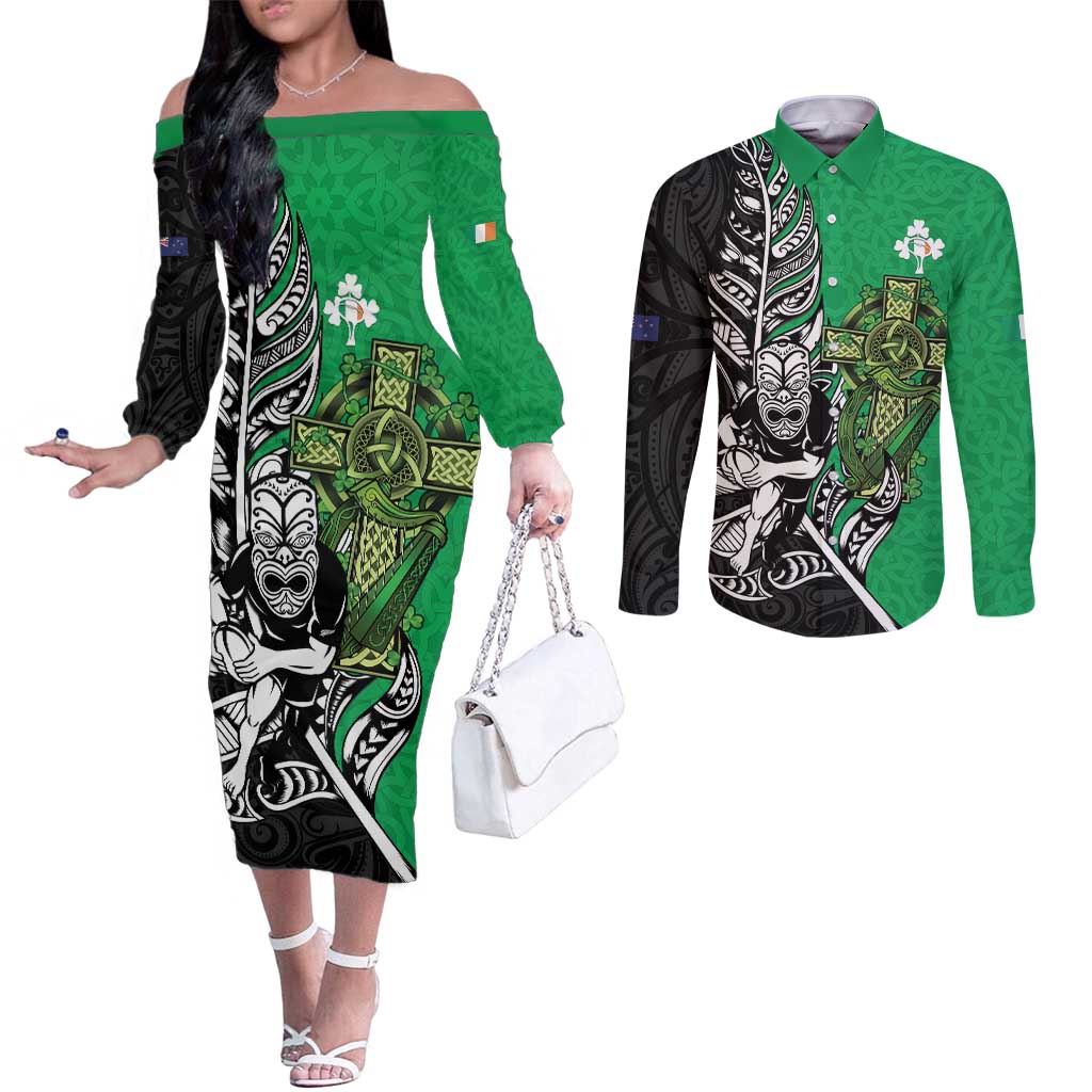 New Zealand and Ireland Rugby Custom Couples Matching Off The Shoulder Long Sleeve Dress and Long Sleeve Button Shirt Maori Tiki Fern Irish Celtic Cross - Polynesian Pride