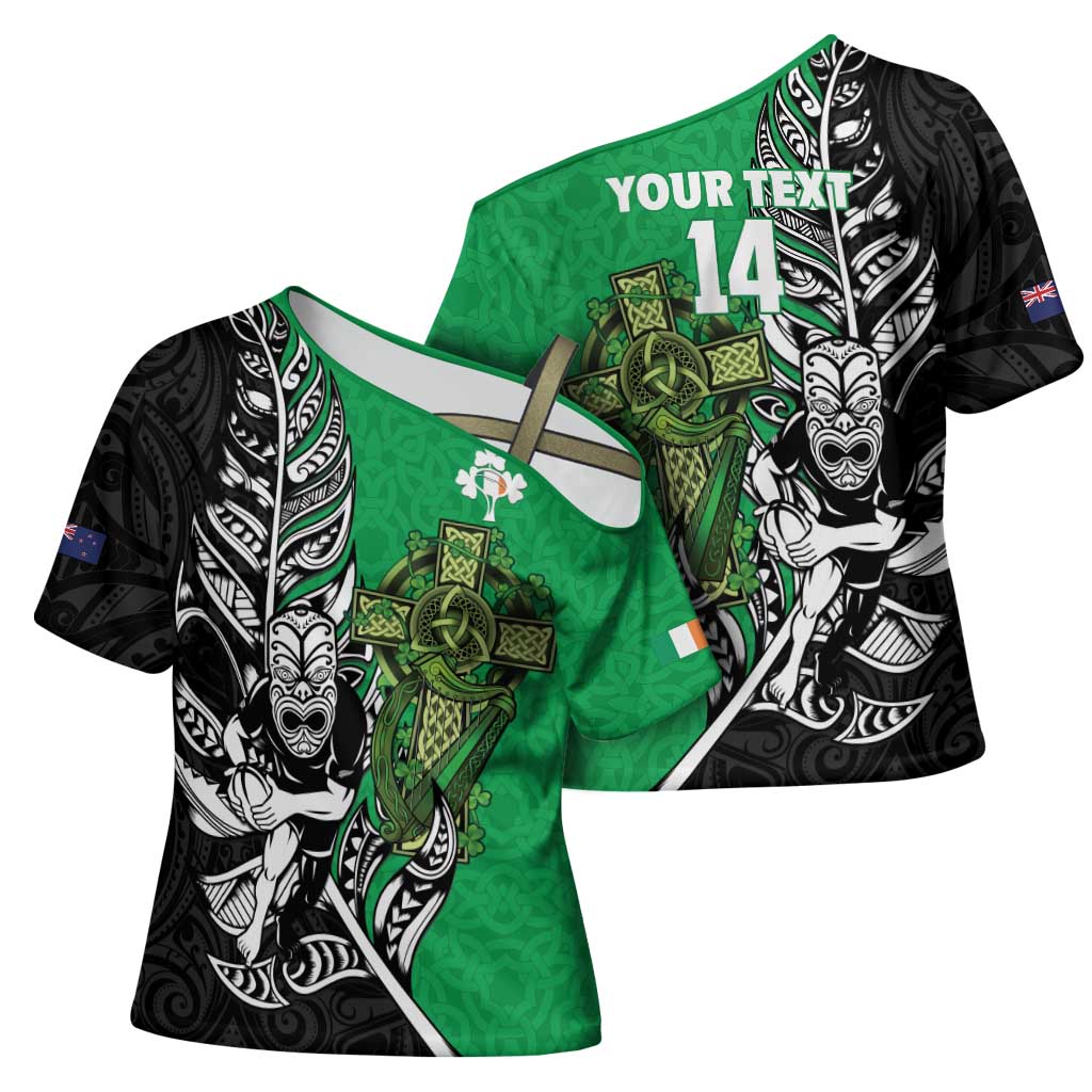 New Zealand and Ireland Rugby Custom Cross Shoulder Shirt Maori Tiki Fern Irish Celtic Cross - Polynesian Pride