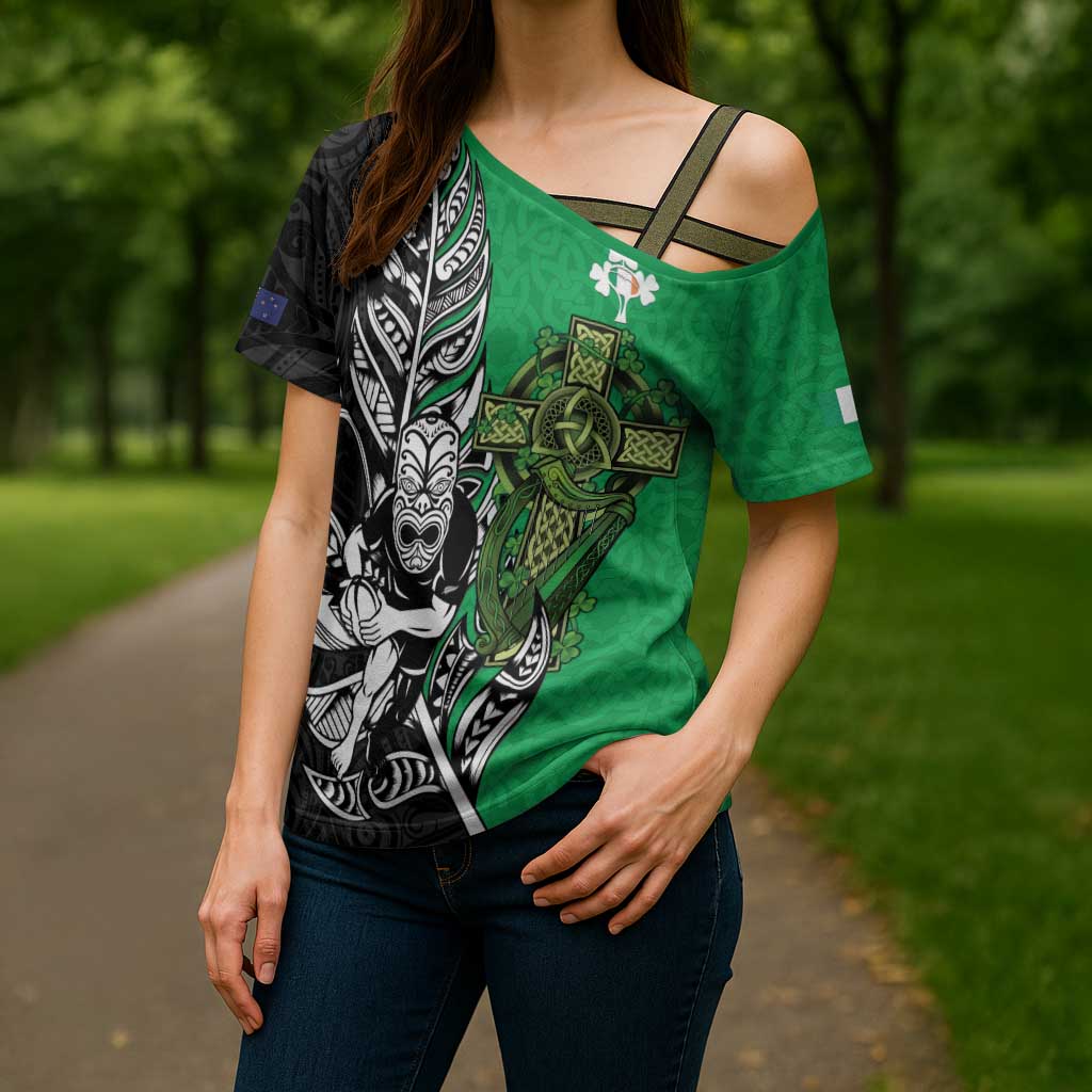 New Zealand and Ireland Rugby Custom Cross Shoulder Shirt Maori Tiki Fern Irish Celtic Cross - Polynesian Pride