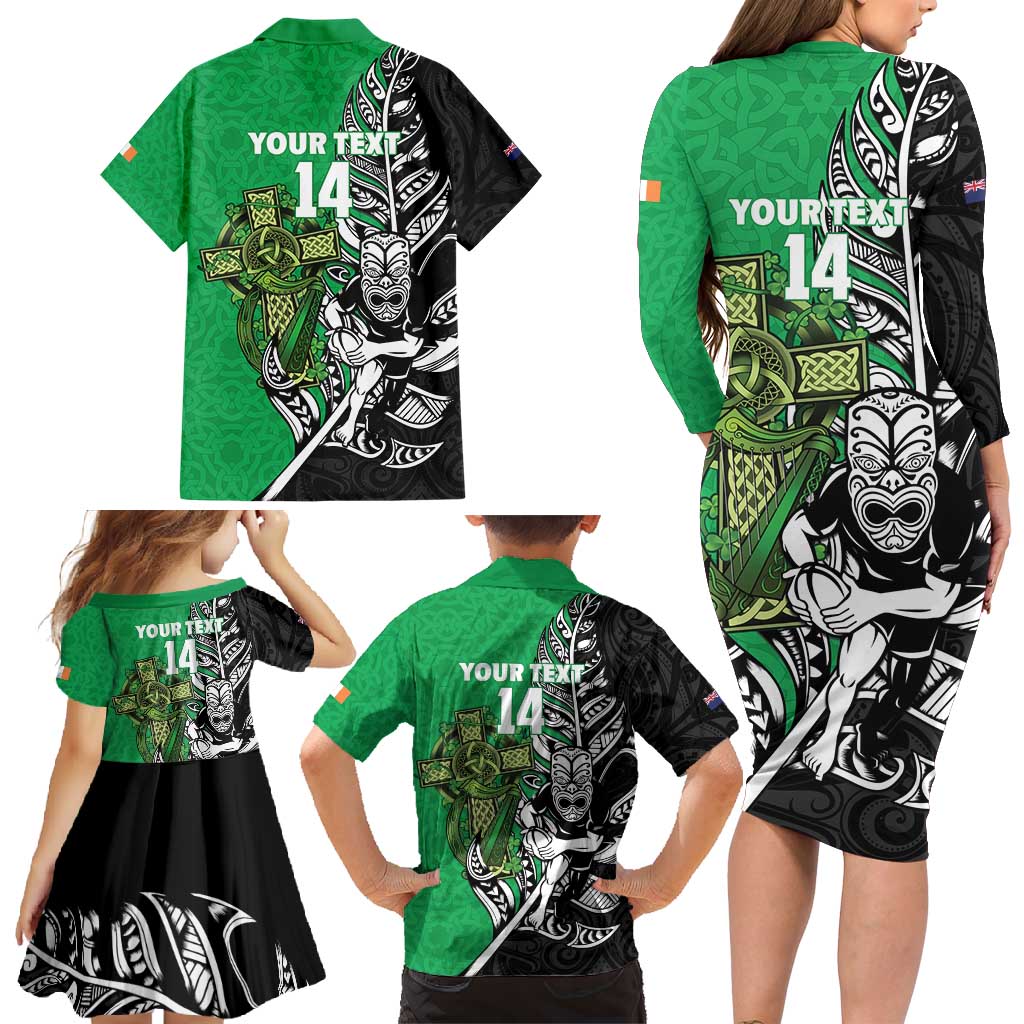 New Zealand and Ireland Rugby Custom Family Matching Long Sleeve Bodycon Dress and Hawaiian Shirt Maori Tiki Fern Irish Celtic Cross LT14 - Polynesian Pride