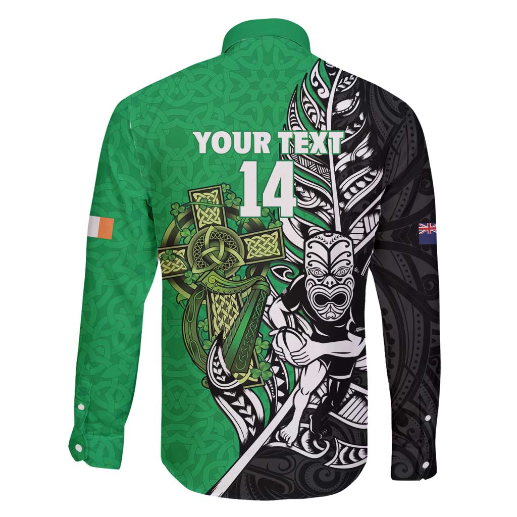 New Zealand and Ireland Rugby Custom Family Matching Long Sleeve Bodycon Dress and Hawaiian Shirt Maori Tiki Fern Irish Celtic Cross LT14 - Polynesian Pride