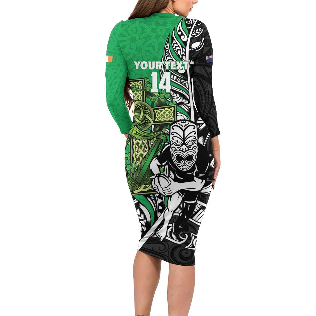 New Zealand and Ireland Rugby Custom Family Matching Long Sleeve Bodycon Dress and Hawaiian Shirt Maori Tiki Fern Irish Celtic Cross LT14 - Polynesian Pride