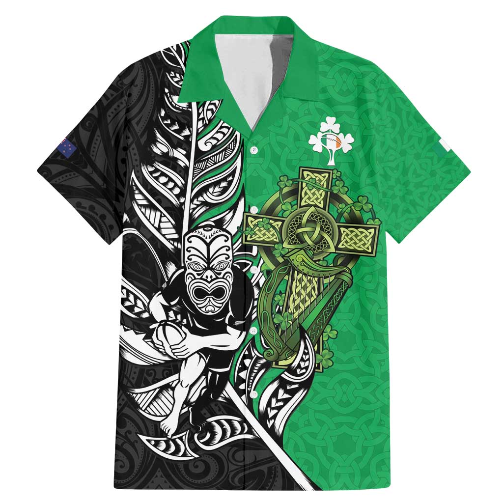 New Zealand and Ireland Rugby Custom Family Matching Mermaid Dress and Hawaiian Shirt Maori Tiki Fern Irish Celtic Cross LT14 Dad's Shirt - Short Sleeve Green - Polynesian Pride