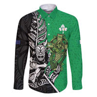 New Zealand and Ireland Rugby Custom Family Matching Mermaid Dress and Hawaiian Shirt Maori Tiki Fern Irish Celtic Cross LT14 Dad's Shirt - Long Sleeve Green - Polynesian Pride