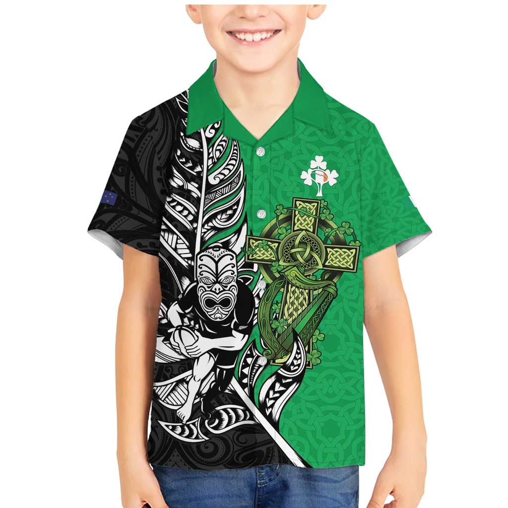 New Zealand and Ireland Rugby Custom Family Matching Mermaid Dress and Hawaiian Shirt Maori Tiki Fern Irish Celtic Cross LT14 Son's Shirt Green - Polynesian Pride