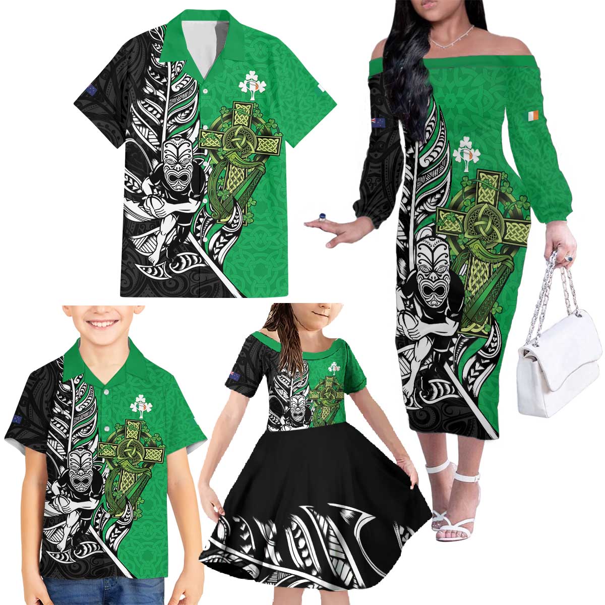 New Zealand and Ireland Rugby Custom Family Matching Off The Shoulder Long Sleeve Dress and Hawaiian Shirt Maori Tiki Fern Irish Celtic Cross LT14 - Polynesian Pride