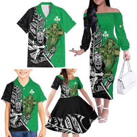 New Zealand and Ireland Rugby Custom Family Matching Off The Shoulder Long Sleeve Dress and Hawaiian Shirt Maori Tiki Fern Irish Celtic Cross LT14 - Polynesian Pride
