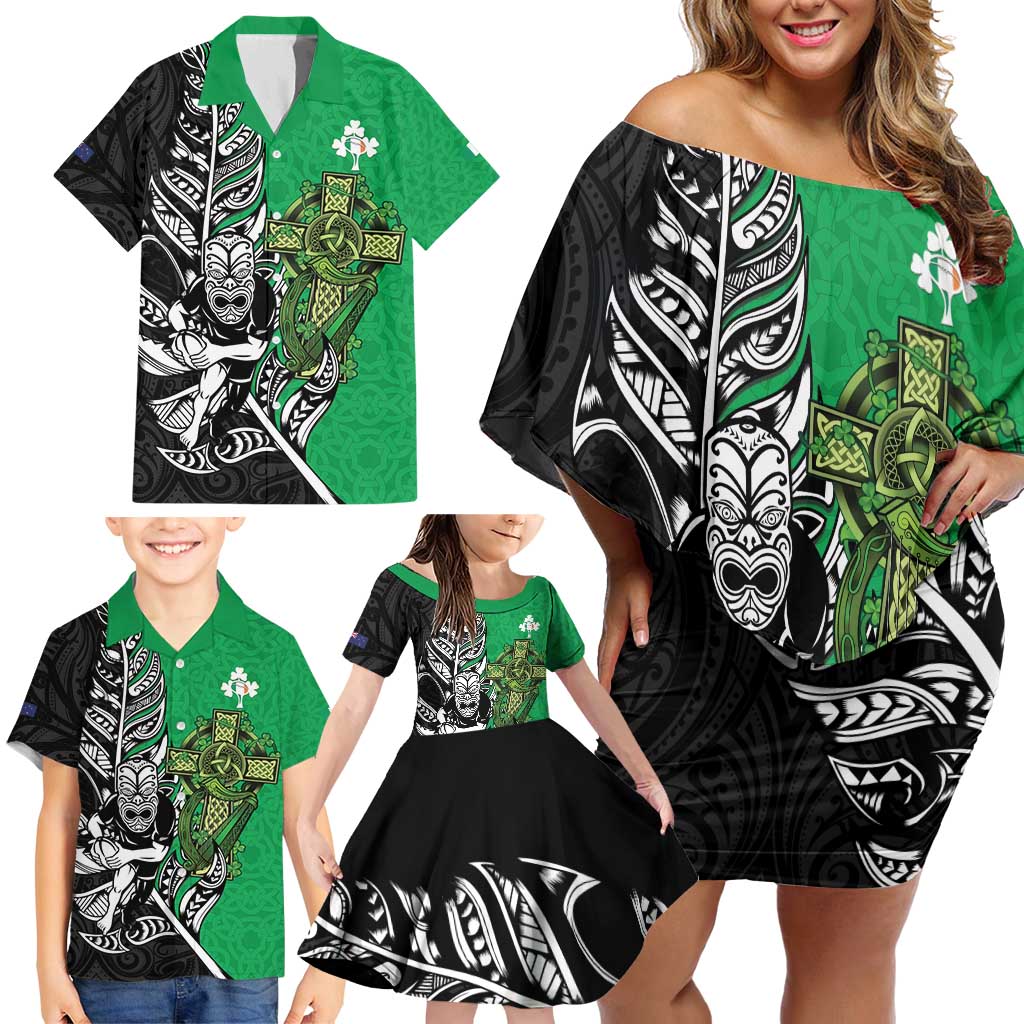 New Zealand and Ireland Rugby Custom Family Matching Off Shoulder Short Dress and Hawaiian Shirt Maori Tiki Fern Irish Celtic Cross LT14 - Polynesian Pride