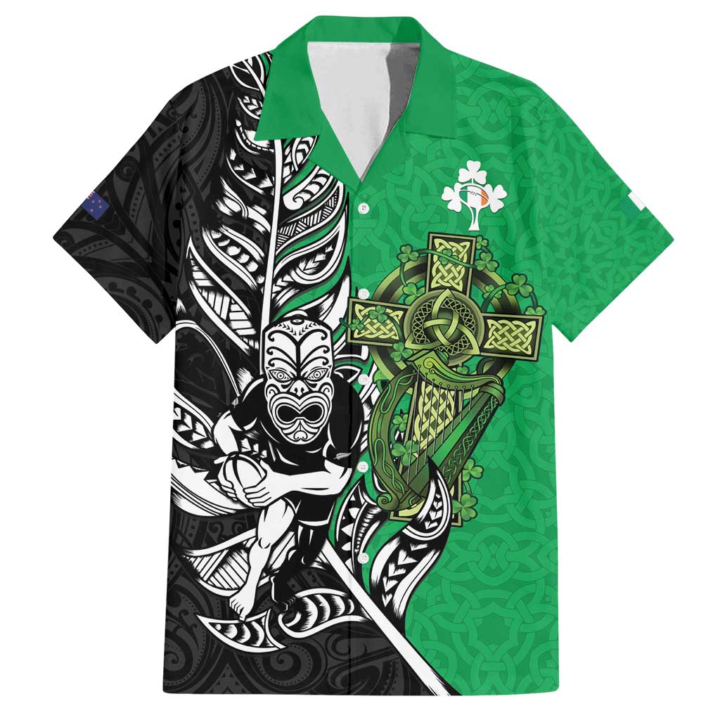 New Zealand and Ireland Rugby Custom Family Matching Off Shoulder Short Dress and Hawaiian Shirt Maori Tiki Fern Irish Celtic Cross LT14 Dad's Shirt - Short Sleeve Green - Polynesian Pride