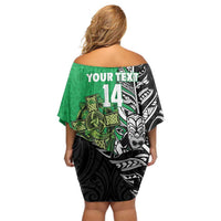 New Zealand and Ireland Rugby Custom Family Matching Off Shoulder Short Dress and Hawaiian Shirt Maori Tiki Fern Irish Celtic Cross LT14 - Polynesian Pride