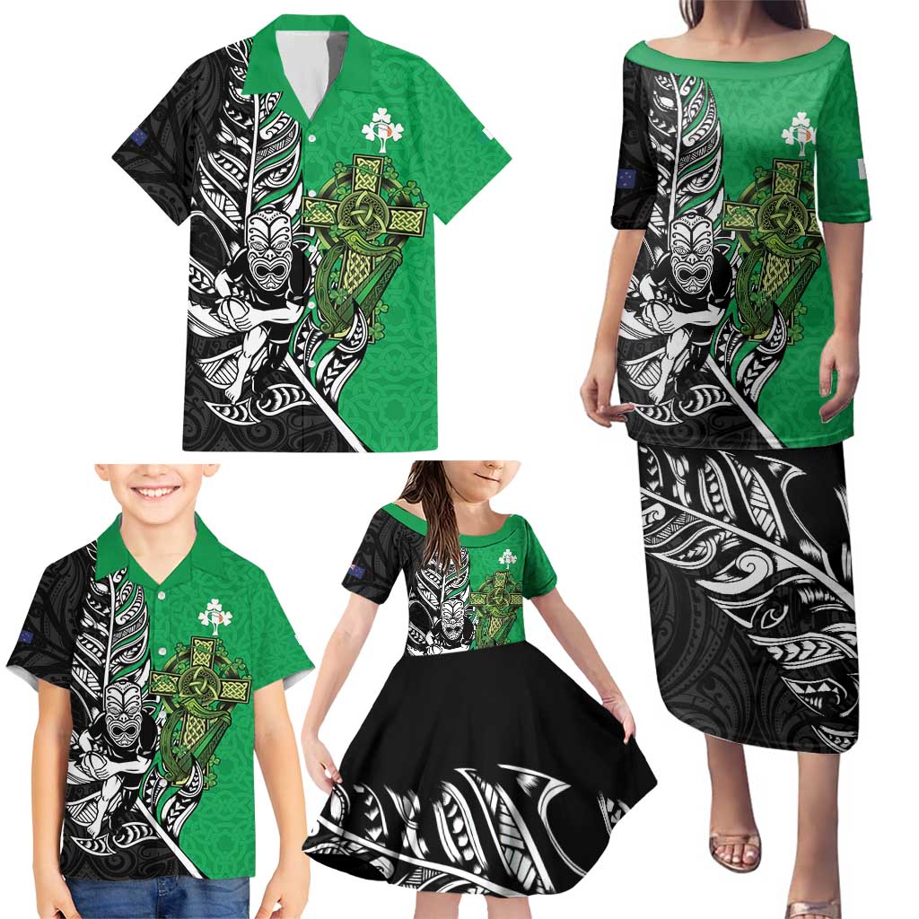 New Zealand and Ireland Rugby Custom Family Matching Puletasi and Hawaiian Shirt Maori Tiki Fern Irish Celtic Cross - Polynesian Pride