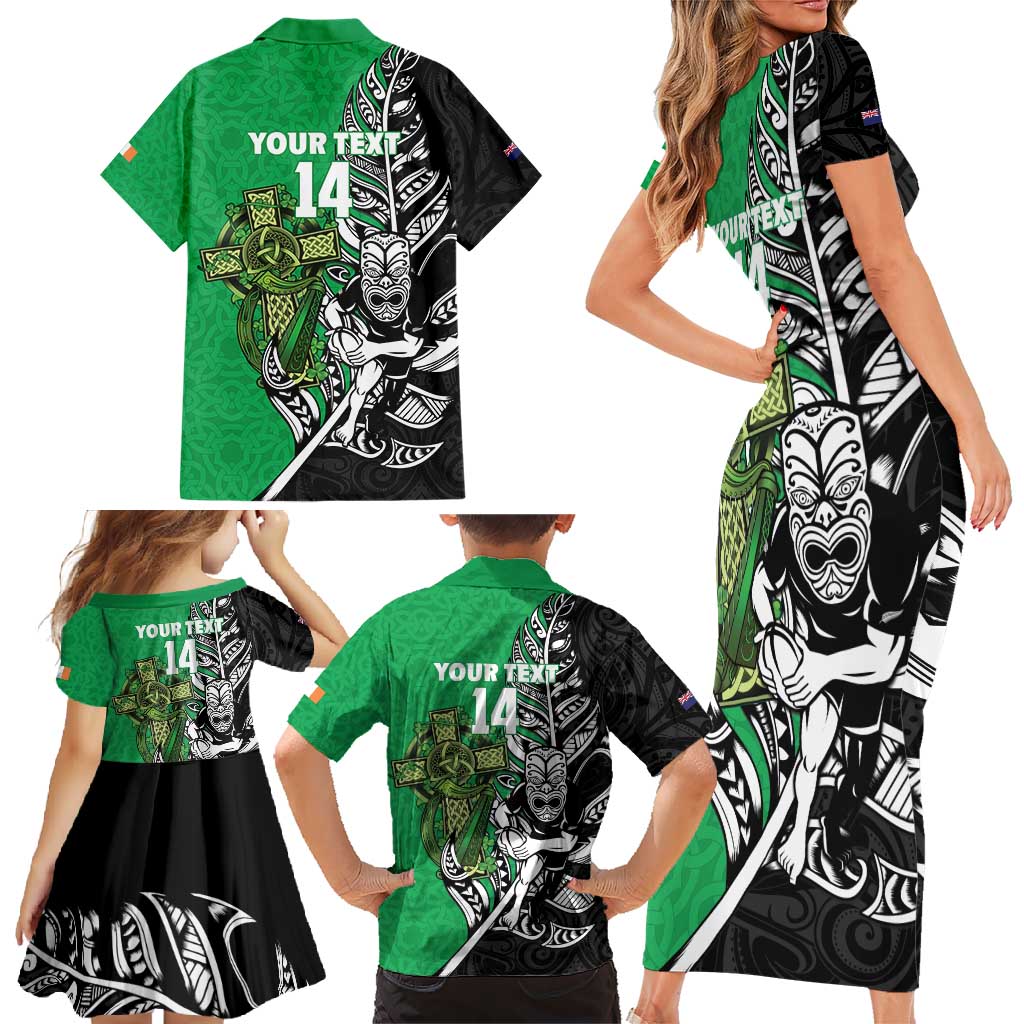 New Zealand and Ireland Rugby Custom Family Matching Short Sleeve Bodycon Dress and Hawaiian Shirt Maori Tiki Fern Irish Celtic Cross LT14 - Polynesian Pride