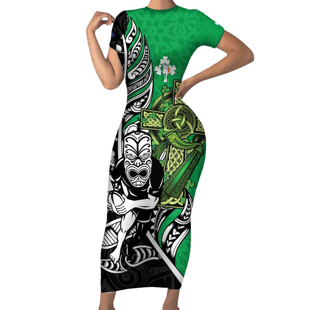 New Zealand and Ireland Rugby Custom Family Matching Short Sleeve Bodycon Dress and Hawaiian Shirt Maori Tiki Fern Irish Celtic Cross LT14 Mom's Dress Green - Polynesian Pride