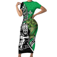 New Zealand and Ireland Rugby Custom Family Matching Short Sleeve Bodycon Dress and Hawaiian Shirt Maori Tiki Fern Irish Celtic Cross LT14 Mom's Dress Green - Polynesian Pride