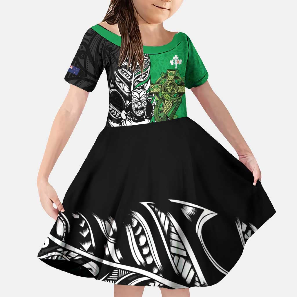 New Zealand and Ireland Rugby Custom Family Matching Summer Maxi Dress and Hawaiian Shirt Maori Tiki Fern Irish Celtic Cross LT14 Daughter's Dress Green - Polynesian Pride