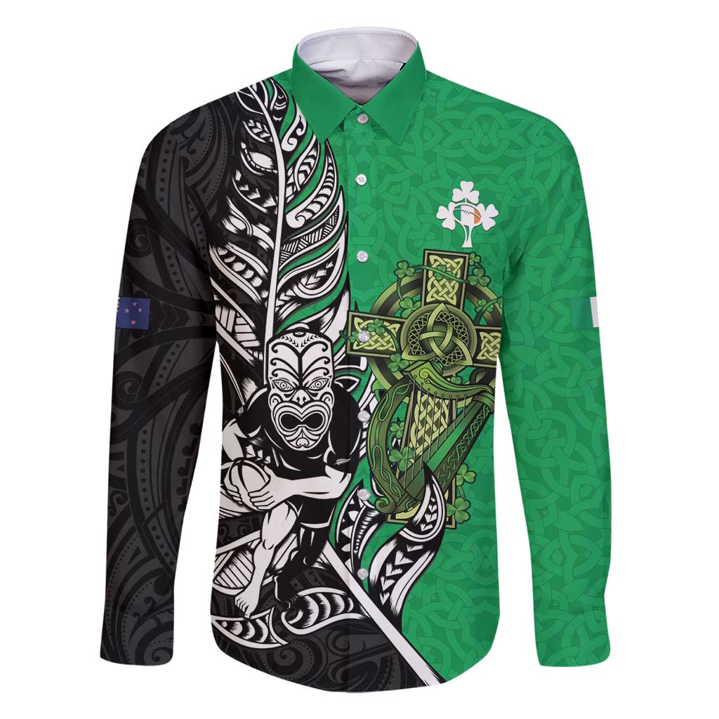 New Zealand and Ireland Rugby Custom Family Matching Summer Maxi Dress and Hawaiian Shirt Maori Tiki Fern Irish Celtic Cross LT14 Dad's Shirt - Long Sleeve Green - Polynesian Pride