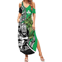 New Zealand and Ireland Rugby Custom Family Matching Summer Maxi Dress and Hawaiian Shirt Maori Tiki Fern Irish Celtic Cross LT14 Mom's Dress Green - Polynesian Pride
