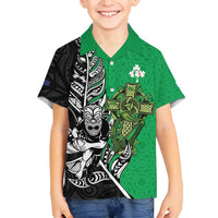 New Zealand and Ireland Rugby Custom Family Matching Summer Maxi Dress and Hawaiian Shirt Maori Tiki Fern Irish Celtic Cross LT14 Son's Shirt Green - Polynesian Pride