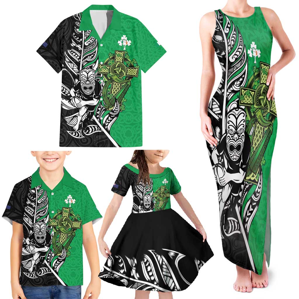 New Zealand and Ireland Rugby Custom Family Matching Tank Maxi Dress and Hawaiian Shirt Maori Tiki Fern Irish Celtic Cross LT14 - Polynesian Pride