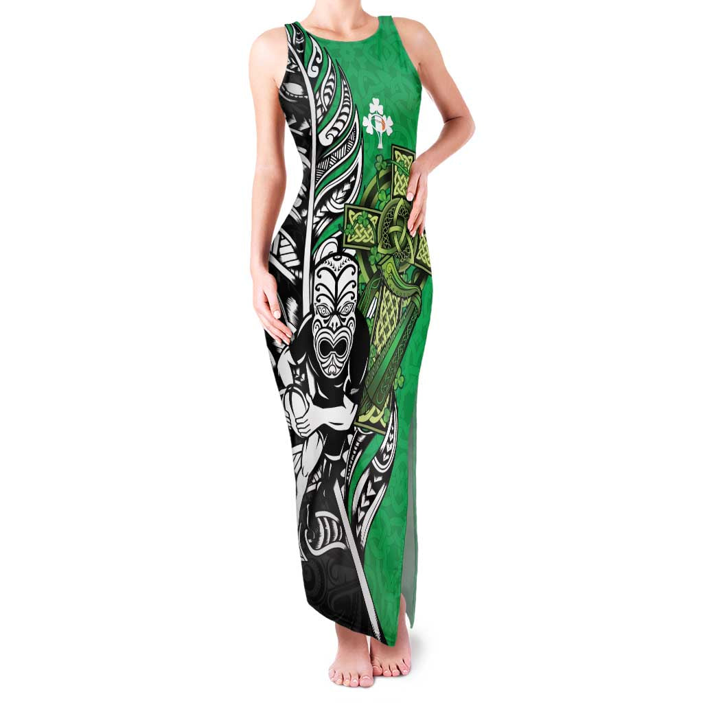 New Zealand and Ireland Rugby Custom Family Matching Tank Maxi Dress and Hawaiian Shirt Maori Tiki Fern Irish Celtic Cross LT14 Mom's Dress Green - Polynesian Pride