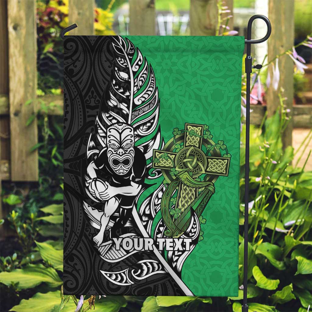 New Zealand and Ireland Rugby Custom Garden Flag Maori Tiki Fern Irish Celtic Cross LT14 Garden Flag Green - Polynesian Pride