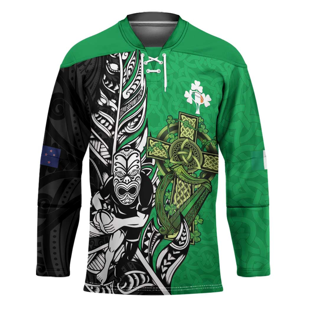 New Zealand and Ireland Rugby Custom Hockey Jersey Maori Tiki Fern Irish Celtic Cross LT14 Unisex Green - Polynesian Pride