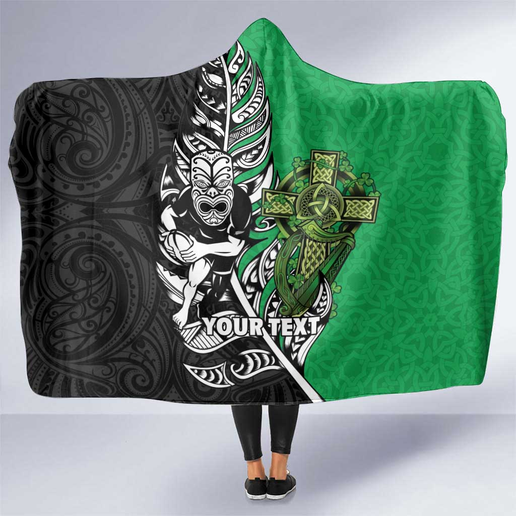 New Zealand and Ireland Rugby Custom Hooded Blanket Maori Tiki Fern Irish Celtic Cross - Polynesian Pride