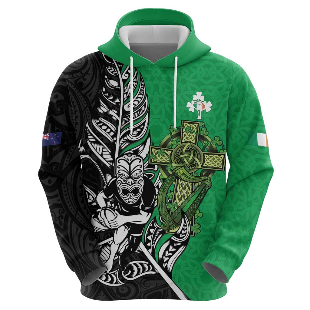 New Zealand and Ireland Rugby Custom Hoodie Maori Tiki Fern Irish Celtic Cross - Polynesian Pride