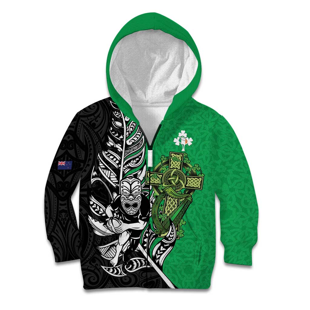 New Zealand and Ireland Rugby Custom Kid Hoodie Maori Tiki Fern Irish Celtic Cross LT14 Zip Hoodie Green - Polynesian Pride