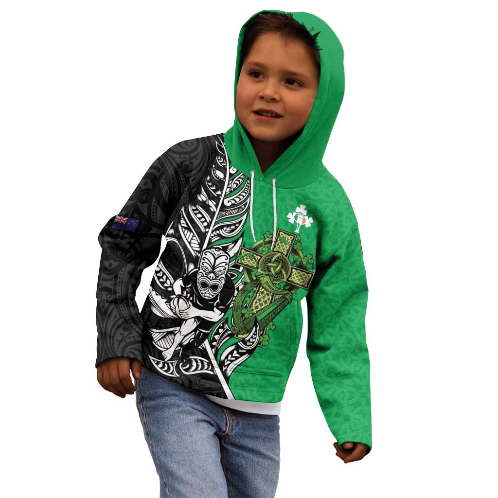 New Zealand and Ireland Rugby Custom Kid Hoodie Maori Tiki Fern Irish Celtic Cross LT14 - Polynesian Pride