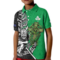 New Zealand and Ireland Rugby Custom Kid Polo Shirt Maori Tiki Fern Irish Celtic Cross LT14 Kid Green - Polynesian Pride