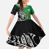 New Zealand and Ireland Rugby Custom Kid Short Sleeve Dress Maori Tiki Fern Irish Celtic Cross LT14 KID Green - Polynesian Pride