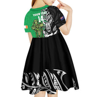 New Zealand and Ireland Rugby Custom Kid Short Sleeve Dress Maori Tiki Fern Irish Celtic Cross LT14 - Polynesian Pride