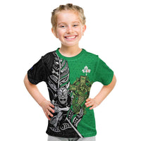 New Zealand and Ireland Rugby Custom Kid T Shirt Maori Tiki Fern Irish Celtic Cross LT14 Green - Polynesian Pride