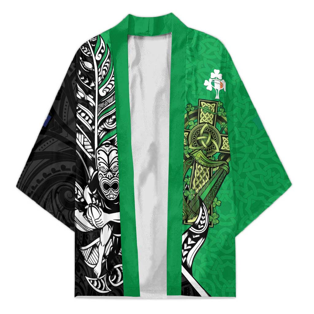 New Zealand and Ireland Rugby Custom Kimono Maori Tiki Fern Irish Celtic Cross LT14 Unisex Green - Polynesian Pride