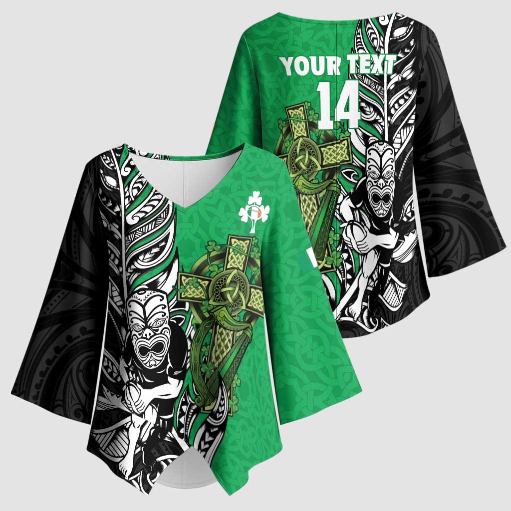 New Zealand and Ireland Rugby Custom Kimono Sleeve Blouse Maori Tiki Fern Irish Celtic Cross LT14 - Polynesian Pride
