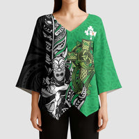 New Zealand and Ireland Rugby Custom Kimono Sleeve Blouse Maori Tiki Fern Irish Celtic Cross LT14 - Polynesian Pride