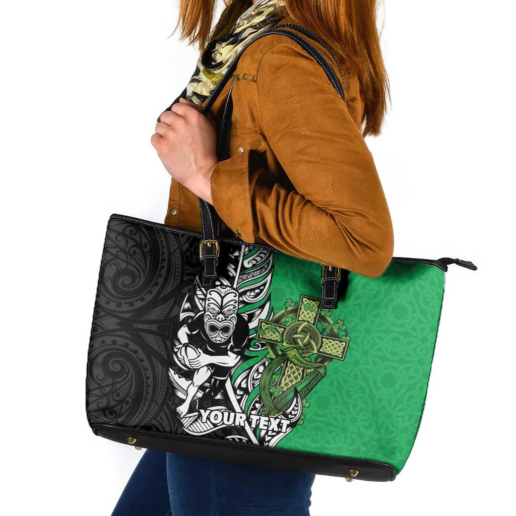 New Zealand and Ireland Rugby Custom Leather Tote Bag Maori Tiki Fern Irish Celtic Cross LT14 Green - Polynesian Pride
