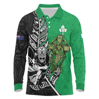 New Zealand and Ireland Rugby Custom Long Sleeve Polo Shirt Maori Tiki Fern Irish Celtic Cross LT14 Green - Polynesian Pride