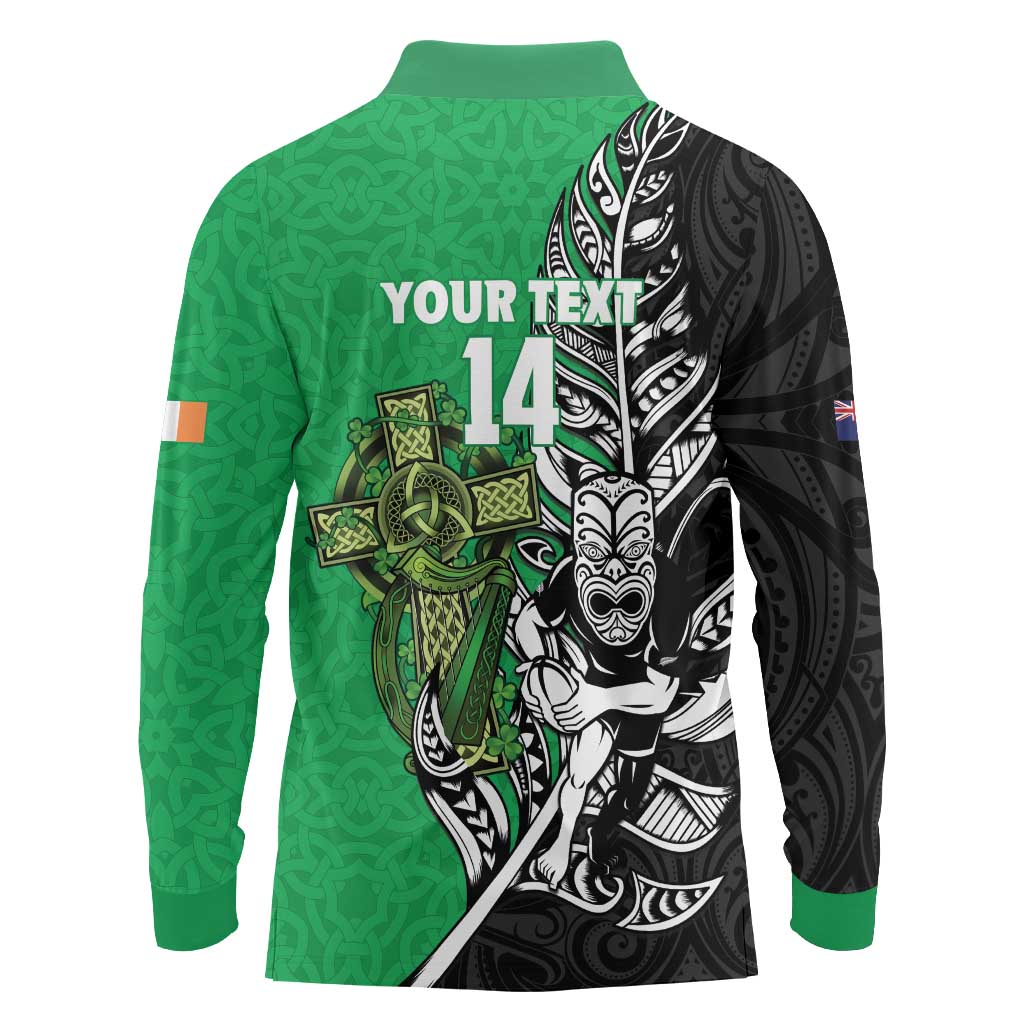 New Zealand and Ireland Rugby Custom Long Sleeve Polo Shirt Maori Tiki Fern Irish Celtic Cross LT14 - Polynesian Pride