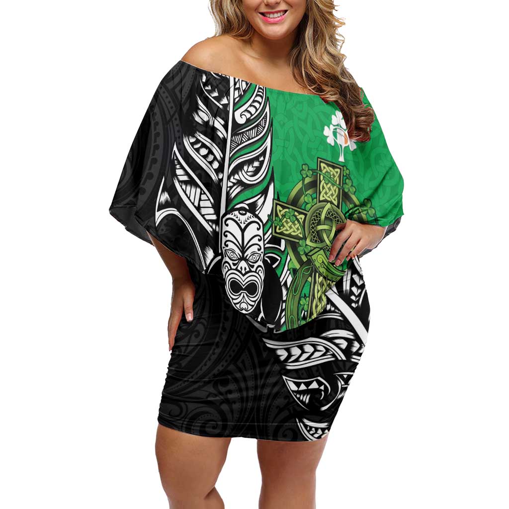New Zealand and Ireland Rugby Custom Off Shoulder Short Dress Maori Tiki Fern Irish Celtic Cross LT14 Women Green - Polynesian Pride