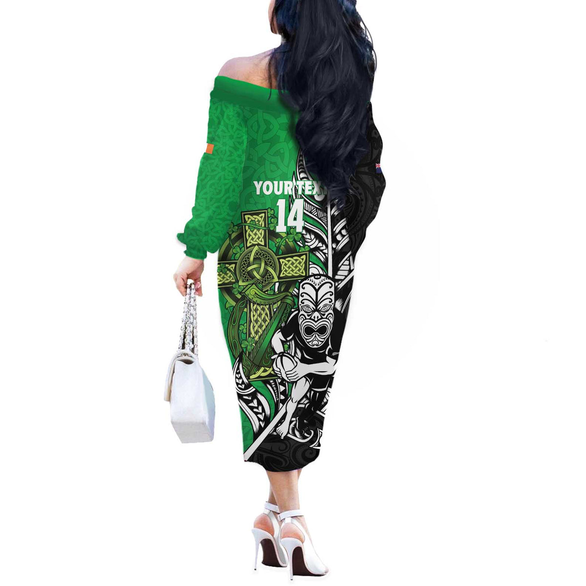New Zealand and Ireland Rugby Custom Off The Shoulder Long Sleeve Dress Maori Tiki Fern Irish Celtic Cross LT14 - Polynesian Pride