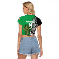 New Zealand and Ireland Rugby Custom Raglan Cropped T Shirt Maori Tiki Fern Irish Celtic Cross - Polynesian Pride