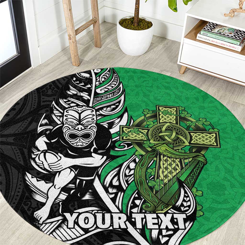 New Zealand and Ireland Rugby Custom Round Carpet Maori Tiki Fern Irish Celtic Cross - Polynesian Pride