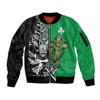 New Zealand and Ireland Rugby Custom Sleeve Zip Bomber Jacket Maori Tiki Fern Irish Celtic Cross LT14 Unisex Green - Polynesian Pride