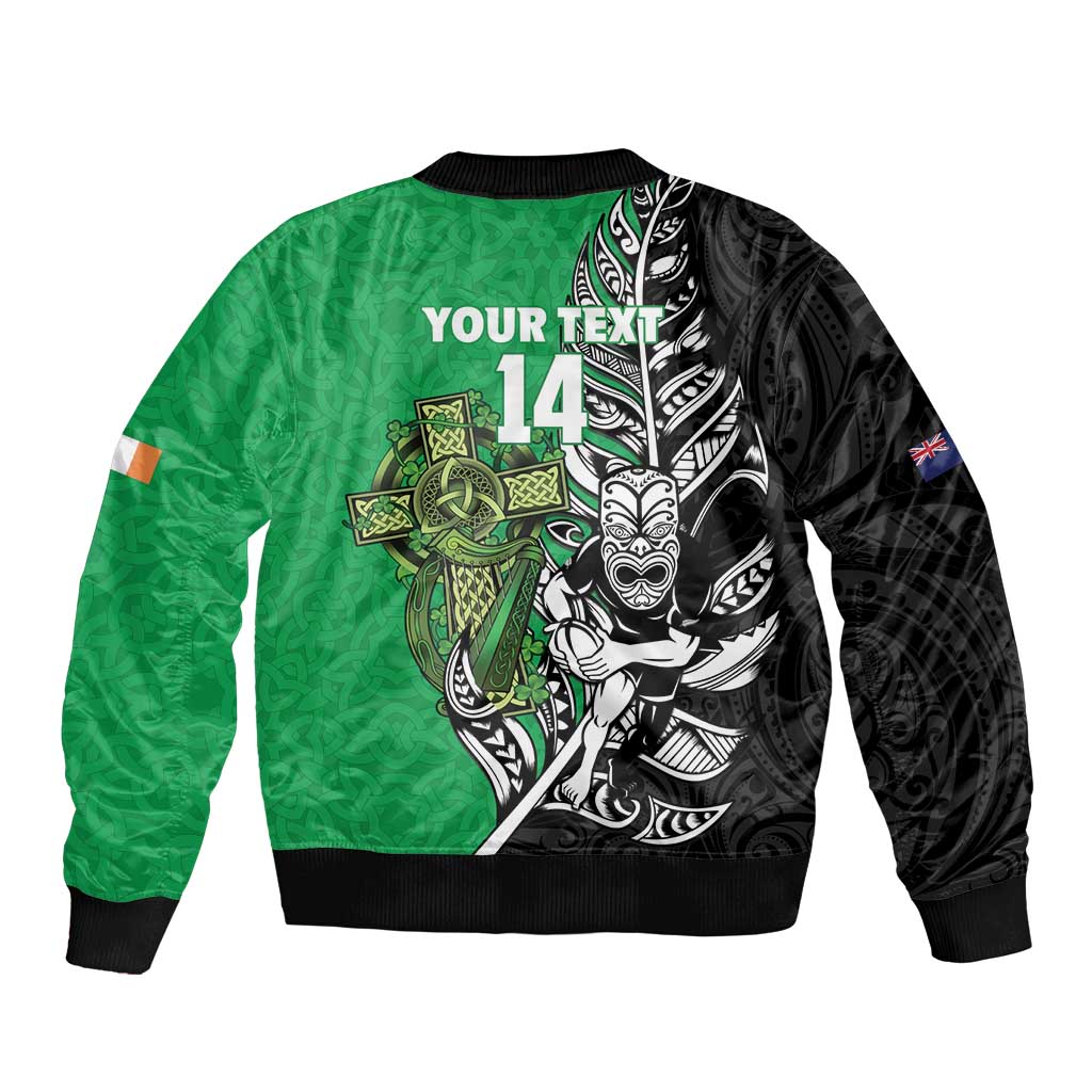 New Zealand and Ireland Rugby Custom Sleeve Zip Bomber Jacket Maori Tiki Fern Irish Celtic Cross LT14 - Polynesian Pride