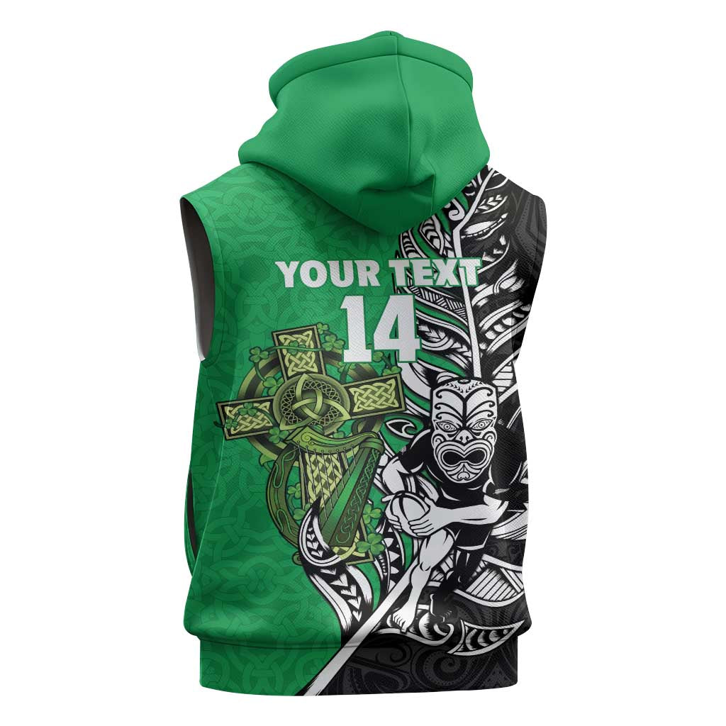 New Zealand and Ireland Rugby Custom Sleeveless Zip Hoodie Maori Tiki Fern Irish Celtic Cross LT14 - Polynesian Pride