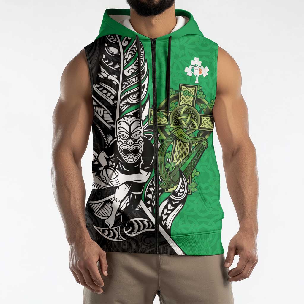 New Zealand and Ireland Rugby Custom Sleeveless Zip Hoodie Maori Tiki Fern Irish Celtic Cross LT14 - Polynesian Pride