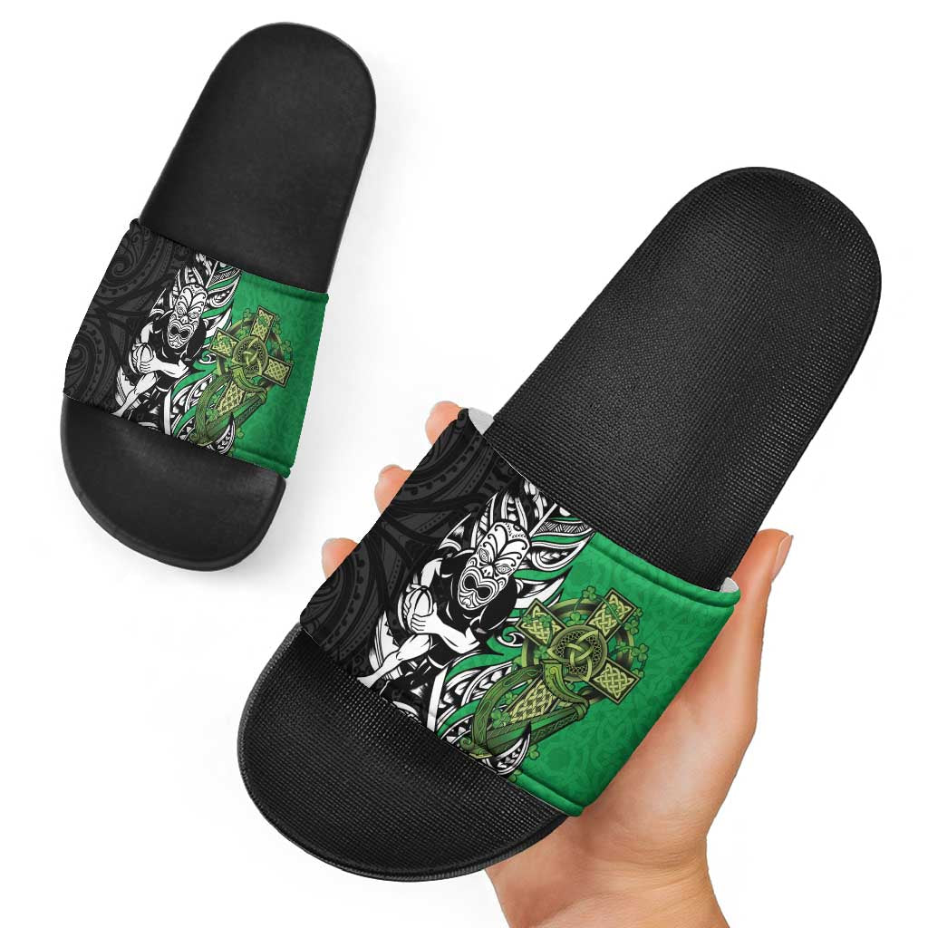 New Zealand and Ireland Rugby Custom Slide Sandals Maori Tiki Fern Irish Celtic Cross LT14 - Polynesian Pride