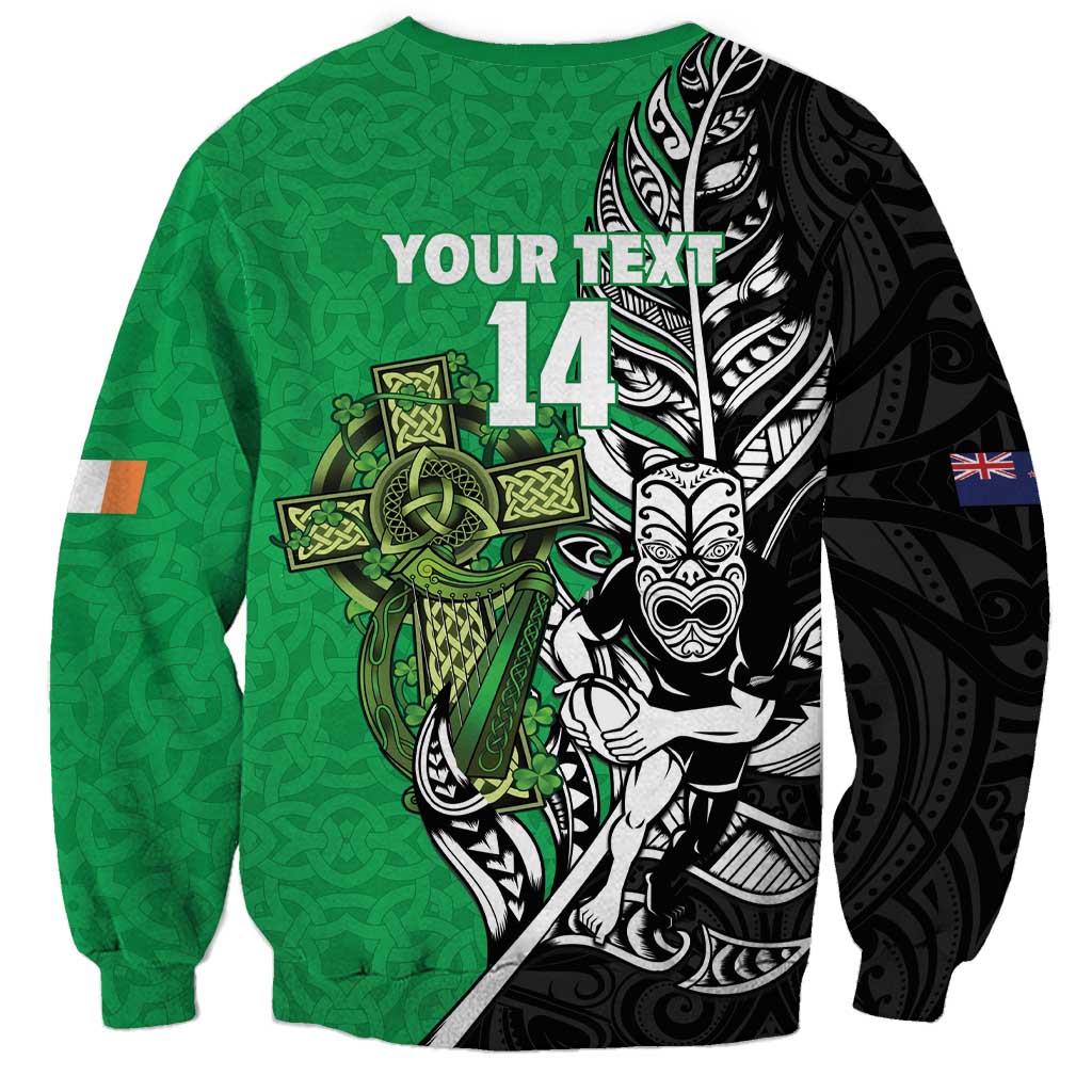 New Zealand and Ireland Rugby Custom Sweatshirt Maori Tiki Fern Irish Celtic Cross - Polynesian Pride